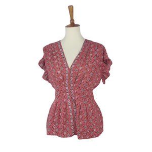 Max Studio Pink Floral V-Neck Fitted Waist Blouse Top XS